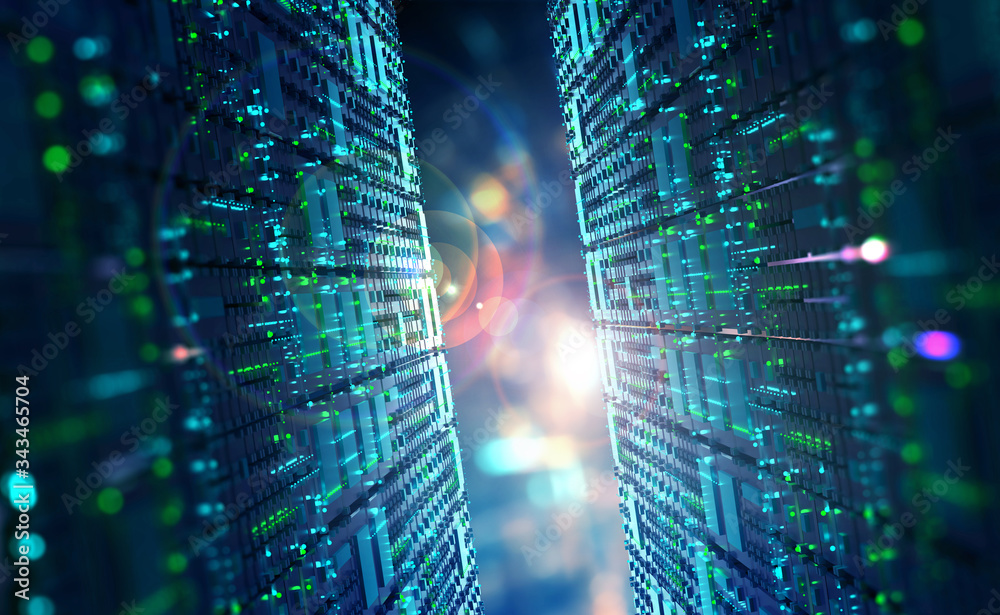 Aufkleber Digital city in space. Computer of future, circuit board and hardware 3d illustration. Wireless internet technologies. Database protection and secure transmission of information on blockchain network