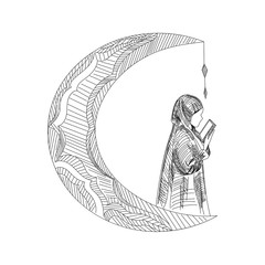 Muslim women praying and moon sketch vector illustration