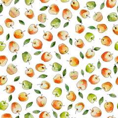  Seamless hand painted watercolor pattern apples and leaves, paper, textile, fabric, wrapper, wallpaper or background