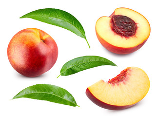 Nectarine fruit and half with leaf
