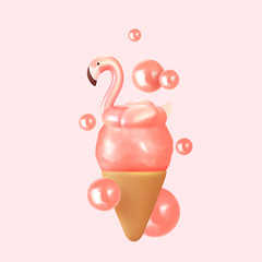 Abstract summer background with 3d pink ice cream and pink flamingo. Summer design modern style minimal poster, banner. Vector illustration