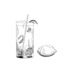 Vector glass of Long Island cocktail with lime in retro hand drawn style. Retro illustration summer alcohol drink