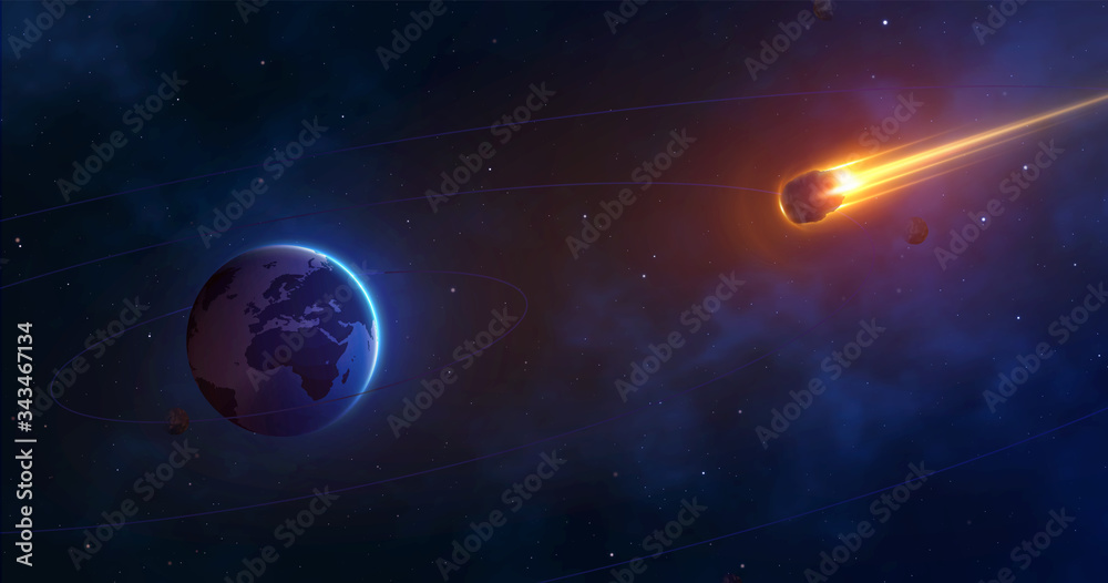 Wall mural space background with planet earth and burning comet. giant asteroid is approaching the earth. reali
