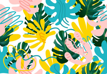 Summer background with palm leaves. Tropical backdrop. Seasonal design с растениями ветками. Vector illustration.