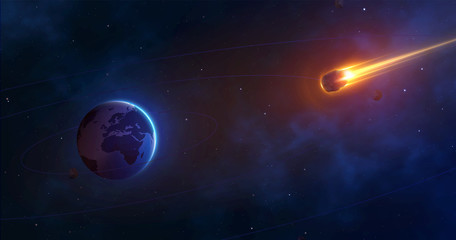 Space background with planet earth and burning comet. Giant asteroid is approaching the earth. Realistic Meteorite approach. Vector illustration © lauritta
