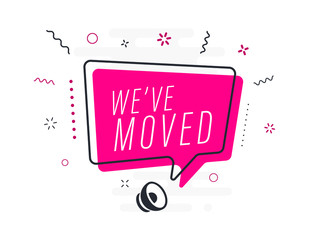 we've moved, tag design template, discount speech bubble banner, app icon, vector illustration
