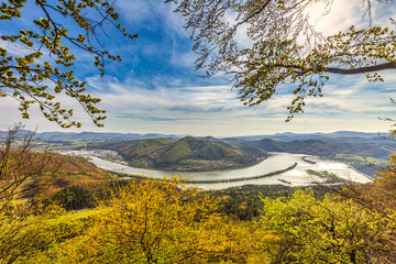 View of the Nosice dam on the Vah river from the Klapy hill near Povazska Bystrica town in...