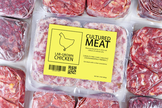 Cultured Chicken Meat Concept For Artificial In Vitro Cell Culture Meat Production With Frozen Packed Raw Meat With Label