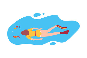 Top View of Girl Scuba Diver Swimming under the Sea, Water Sport, Extreme Hobby Flat Vector Illustration © topvectors