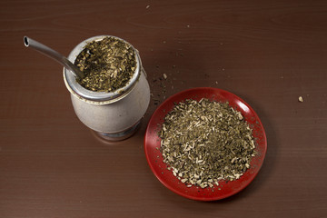 Traditional South American Yerba Mate tea and dry yerba mate, top view on white background 2