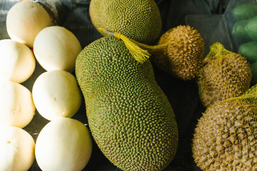Jack fruit and durian in a shop window