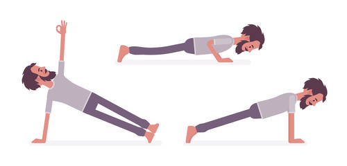 Man in yogi sport wear practicing yoga, doing Push and press ups, phalankasana, Plank exercise, Vasisthasana pose, handsome guy training, healthy habit workout. Vector flat style cartoon illustration