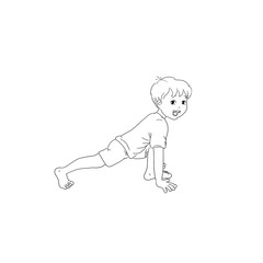 Kids Yoga - Joga für Kinder, Asana Sprinter, horizontal Banner Design Concept Cartoon. Junge barfuß in Yoga Haltung, macht fröhliches Gesicht. Yogi Logo auf Hintergrund in weiß.