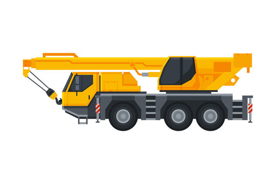 Construction Crane Yellow Truck, Heavy Special Transport, Service Vehicle, Side View Flat Vector Illustration