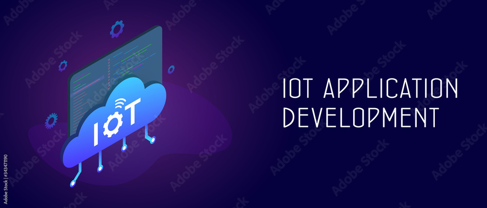 Poster IOT Application development with smart cloud, window with program code in the background. Internet of Things Software development, machine learning, big data graphic sign. Header and footer banner
