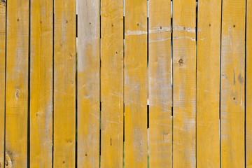 Old wooden plank background. Peeling faded yellow paint on old boards with the shadow of tree branches. Copying space