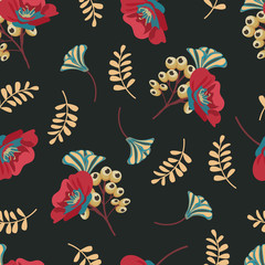 Vector seamless  pattern with  leaves and  flowers on dark  background.  Floral illustration for textile, print, wallpapers, wrapping.