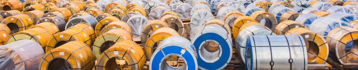 Industrial area, construction site with rusty metal packaging, panoramic view, high resolution