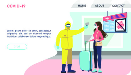 checking the temperature of passengers at the airport using a temperature sensor; masked passenger and officer in Hazmat suit are used for information posters, infographics, etc. Banner, web page, mag