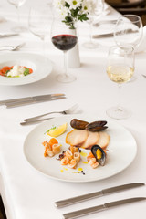 Prepared seafood platter served in a restaurant