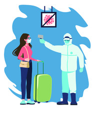 
checking the temperature of passengers at the airport with a Hazmat suit temperature sensor spreading the epidemic of coronavirus infection, MERS-CoV virus, Wuhan, 2019-nKoV, concept of health pandem