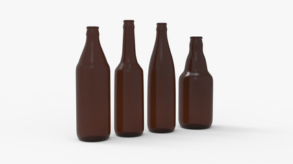 Brown soda bottles. Beer bottles. Isolated on white. Clipping path. 3D Rendering.