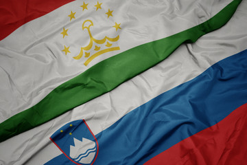 waving colorful flag of slovenia and national flag of tajikistan.