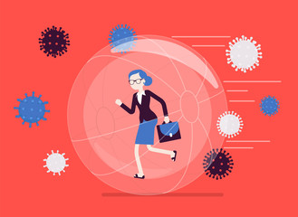 Safe bubble against virus, infection. Businesswoman, happy healthy girl well protected from being infected with contagious disease, self-isolated, out of risk. Vector illustration
