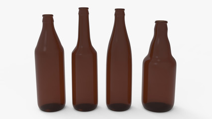 Brown soda bottles. Beer bottles. Isolated on white. Clipping path. 3D Rendering.