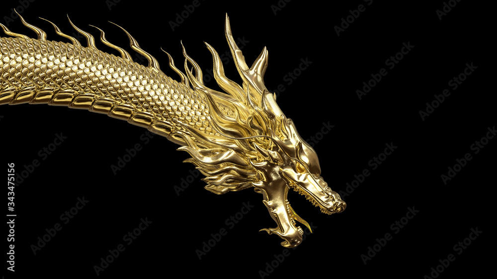Wall mural head and half body gold dragon in smart pose with 3d rendering include alpha path.
