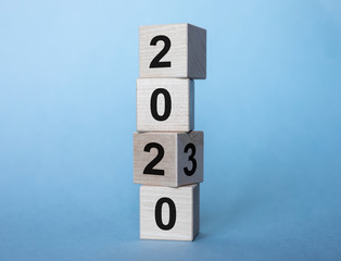 2020 and 2030 years on wooden cubes on a light blue background