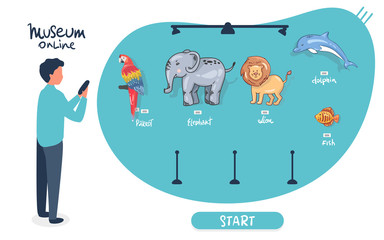 man holds phone, visit online museum, zoo gallery, watches animals. Interactive museum exhibition. Virtual Museum online in Smartphone. Elephant, parrot, dolphin , lion. Vector flat concept