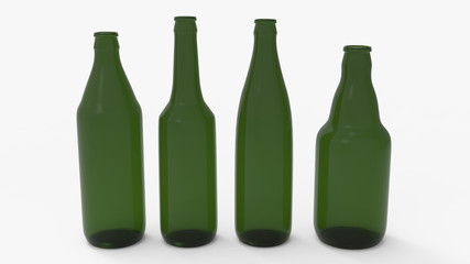 Green soda bottles. Beer bottles. Isolated on white. Clipping path. 3D Rendering.