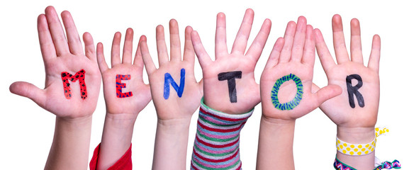 Children Hands Building Colorful English Word Mentor. White Isolated Background