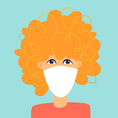 Woman with a mask on her face, a virus. Flat design vector illustration.	