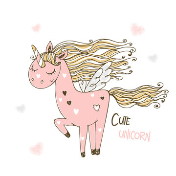 Cute pink unicorn with wings. Vector illustration.