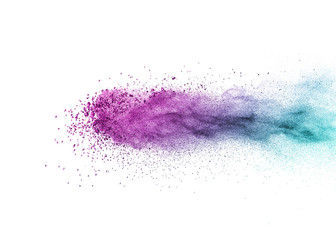 Abstract multicolored powder explosion on a white background.