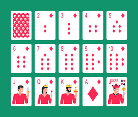 Playing cards Diamond suit, joker and back. Flat Style. isolated on green background