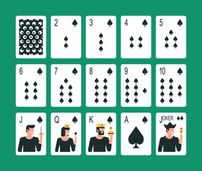 Playing cards spade suit, joker and back. Flat Style. isolated on green background