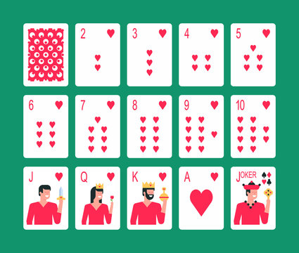 Playing cards Heart suit, joker and back. Flat Style. isolated on green background