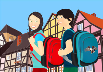 Illustration with different isometric houses. Collection of houses, buildings with a schoolboy and schoolgirl. Blue sky