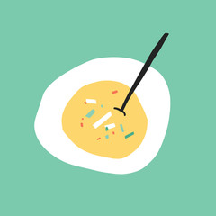Cartoon stylized soup plate flat illustration. Simple vector food illustration. Above view