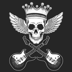 Fototapeta premium Rock music festival. Cool print with skull, guitars, wings, headphones for poster, banner, t-shirt.