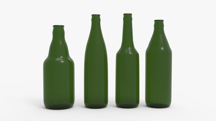 Green soda bottles. Beer bottles. Isolated on white. Clipping path. 3D Rendering.