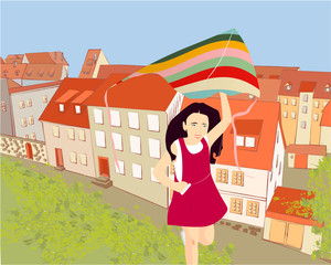 Illustration with different isometric houses. Collection of houses, buildings with a girl