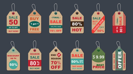Final sale vintage badges set. Up to 80 percent off discount various hang tags. Commerce advertising and announcement, season shopping cardboard tags. Limited time offer paper badges with strings.