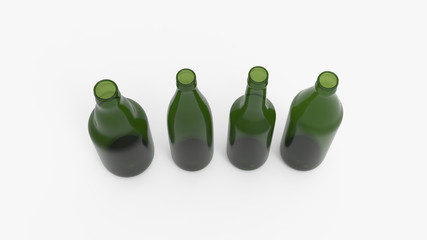 Green soda bottles. Beer bottles. Isolated on white. Clipping path. 3D Rendering.