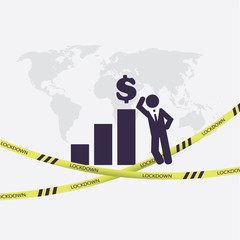 End of Lock Down - Economy Starts to Grow Again - Concept with Bar Chart, Dollar Sign, Fallen Cordon Tape and Businessman