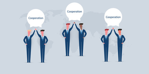 Cooperation, Teamwork, Help, Work Together Concept - Design with World Map and Standing Business Men Hand in Hand
