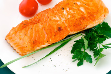 Salmon fillet with vegetable on white plate.